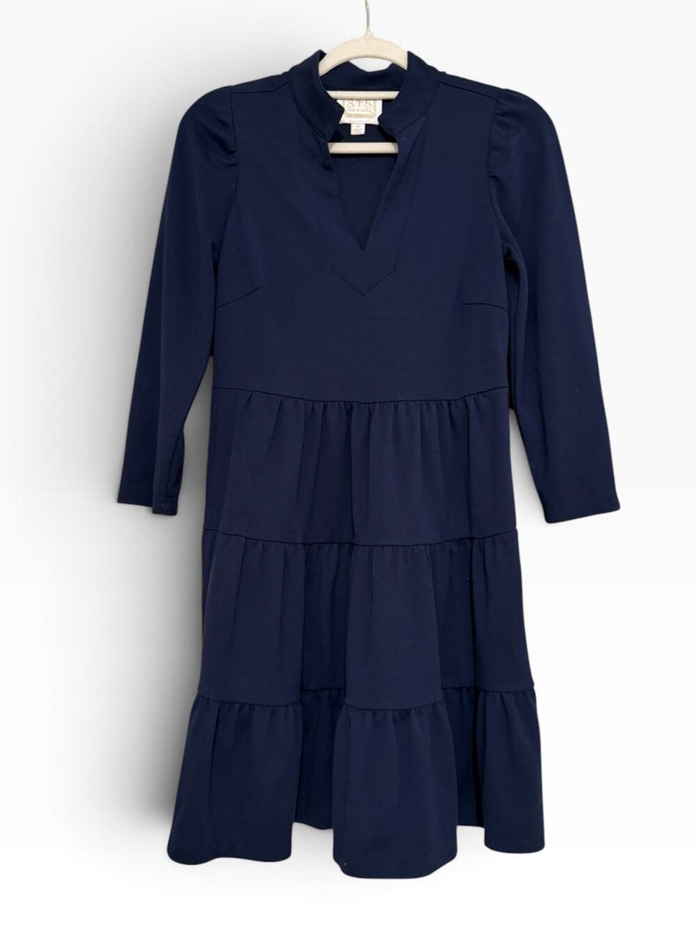 Sail to Sable XS Navy Blue Tiered Mini Dress Long Sleeve Split Neck Preppy